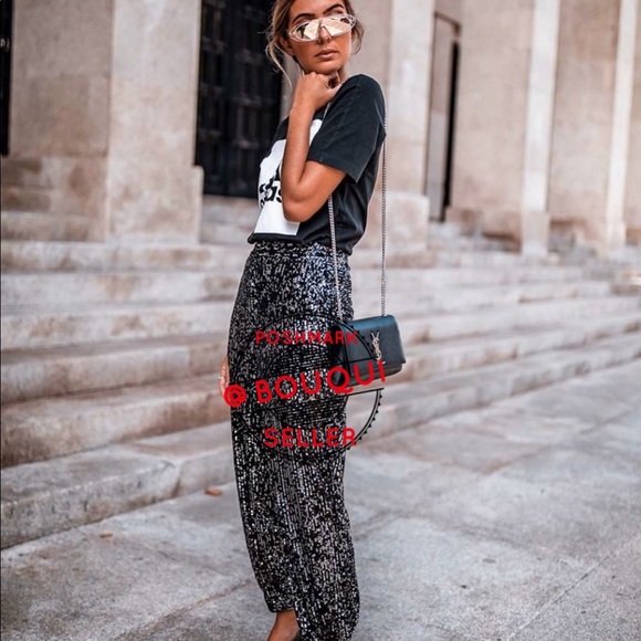BLOGGERS FAVORITE ZARA BLACK SILVER SEQUINS PANTS - Picture 4 of 10